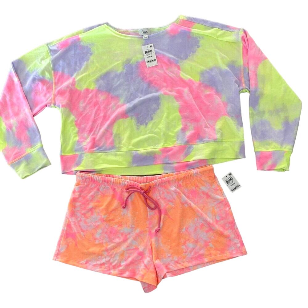 Jenni Womens MISMATCH Long Sleeve TieDye Top & Shorts 2pc PJs Size Large Pink